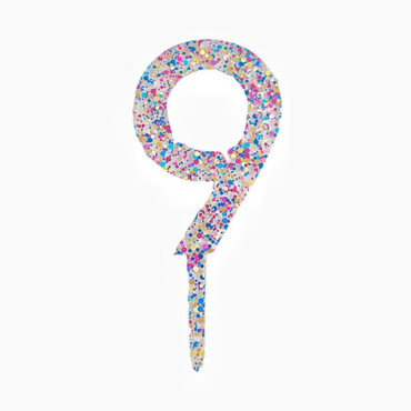 Decoratiune Topper pentru Tort, Cyrax, din Acrilic cu Fulgi de Sclipici, Model Cifra 9, Inaltime 18.5 cm, Transparent Multicolor 
