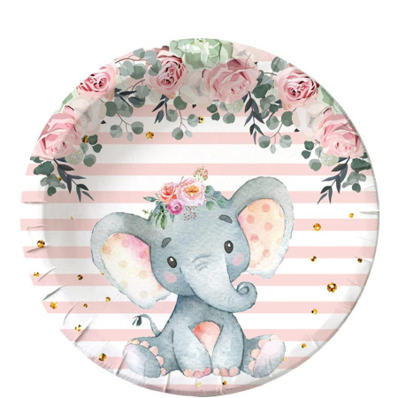 Set 10 Farfurii Unica Folosinta, Cyrax, Imprimeu Elefant, din Carton, 22 cm, Roz