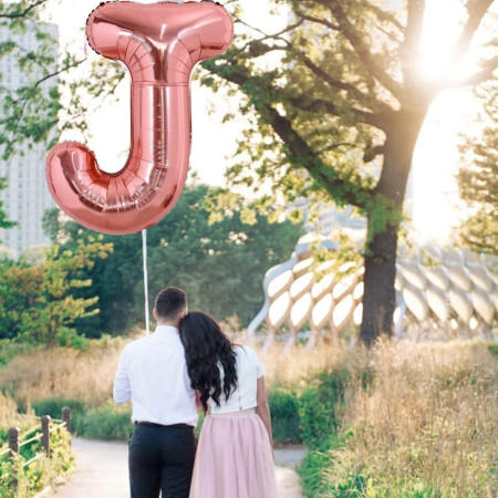 Balon Folie Metalizata Litera J, Cyrax, 100 cm, Umflati cu Heliu sau Aer, Ambalaj Individual, Pai inclus, Rose Gold