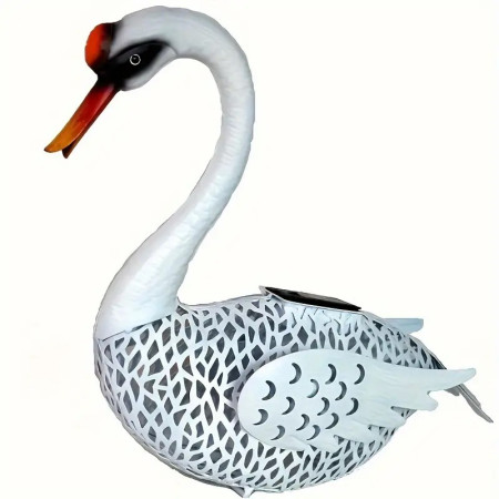 Decoratiune de Gradina cu Lampa solara,  Model Lebada, Iluminare Led si Incarcare Solara, 39.5 x 35.5 x 14 cm, din Fier, Alb