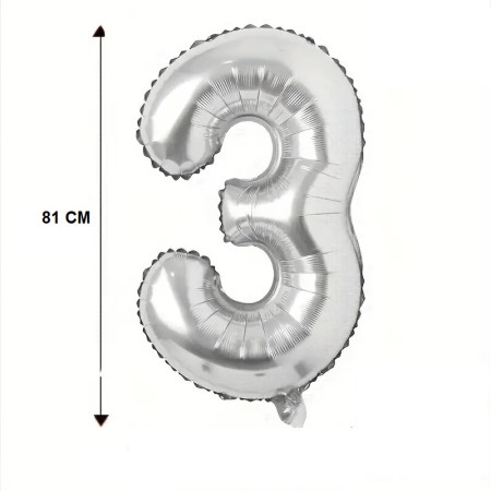 Balon din Folie Cyrax, Cifra 3, 81 cm, Pentru Aer sau Heliu, Bulk, Argintiu