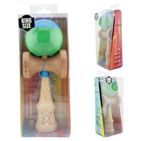 Kendama X Originala, Profesionala, Cyrax, Big Cups V2, Super Sticky cu Cupe Mari, Rulment Metalic, din lemn 18 cm, Ata 55 cm, Albastru/Verde