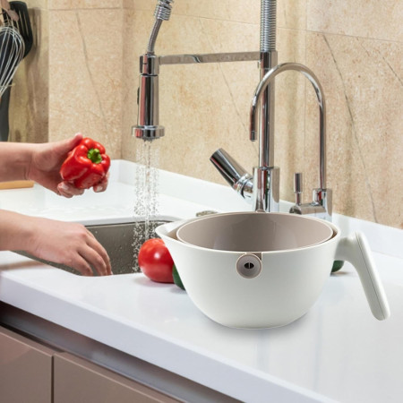 Bol cu Doua Straturi, Cyrax, pentru Fructe, Legume, cu Cos de Scurgere a Apei, 2L, din ABS+PP, 29.9 x 22.5 x 11.8 cm, Alb - Gri