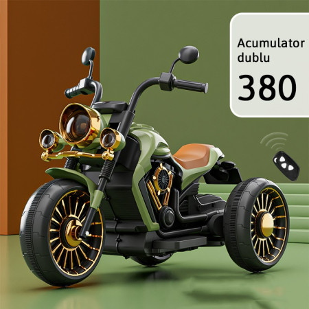 Tricicleta Electrica pentru Copii, Cyrax, cu 2 Acumulatoare 380*2, 6V 4.5, Telecomanda, Bluetooth, Sistem Anti-Rasturnare, Sistem de Lumini si Sunet, 6-8 Ani, 93 x 48 x 63 cm, Verde Negru