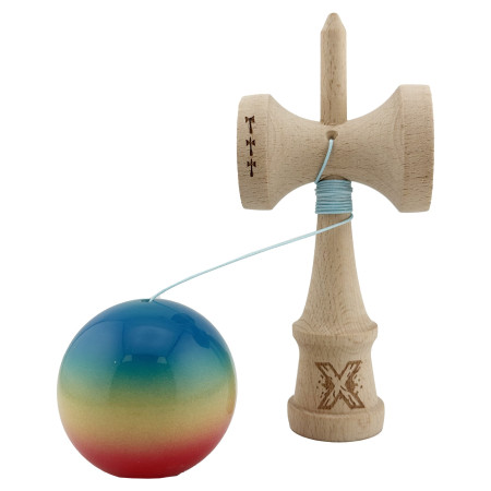Kendama X Originala, Profesionala, Cyrax, Big Cups V2, Super Sticky Cupe Mari, Rulment Metalic cu Ata 55 cm, Rosu/Galben/Albastru