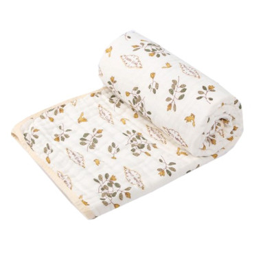 Prosop de baie din bumbac si tifon pentru Bebelusi, Cyrax, cu Sase Straturi, pentru Copii, 110x110 cm, Model Frunze, Bej Galben