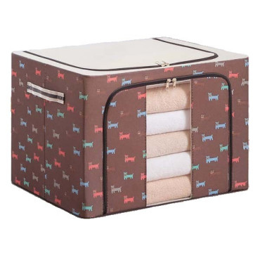 Cutie de Depozitare Pliabila,  cu Fermoar, 100 L, Textil, 60x42x40 cm, O Fereastra, Cadru Metalic, Suport Baza Stabil din Plastic, Imprimeu Catelusi, Maro
