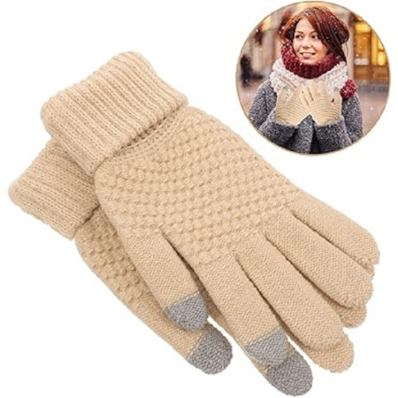 Manusi de Dama,  Functie Touchscreen (ecran tactil), Material Acril Tricotat, Manseta Elastica, Interior Catifelat, Marime Universala, Bej