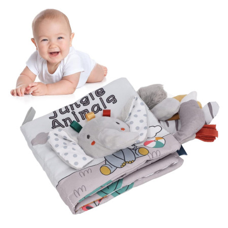 Carte Senzoriala, Cyrax, pentru Bebelusi, 15x16x6 cm, cu Animalute, 3D, Cu Sunete si Fosnete, 0-3 Ani, Model Elefantel, Gri