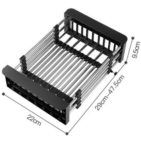 Suport Scurgere Extensibil pentru Bucatarie, Cyrax, Uscator Vase din Otel Inoxidabil, Suport Tacamuri si Pahare, Suport pentru Fructe si Legume, 29 x 22 x 9.5 cm Negru