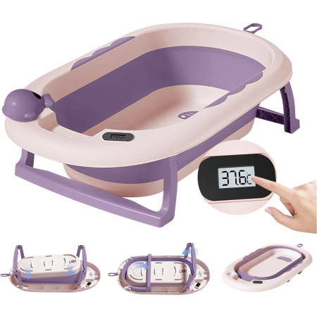 Cada de Baie, Cyrax, pentru Copii 0 luni - 6 Ani, cu Termometru, Pliabila, Perna Suport Inclusa, din Plastic, 81.5 x 49 x 21.5 cm, Mov