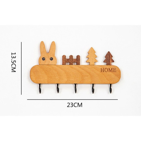 Suport pentru Chei,  din Lemn, Aplicare fara Perforare, Adeziv Inclus, 5 Carlige Negre, Model Iepure, Greutate Suportata 5 kg, 13.5 x 22 cm, Maro