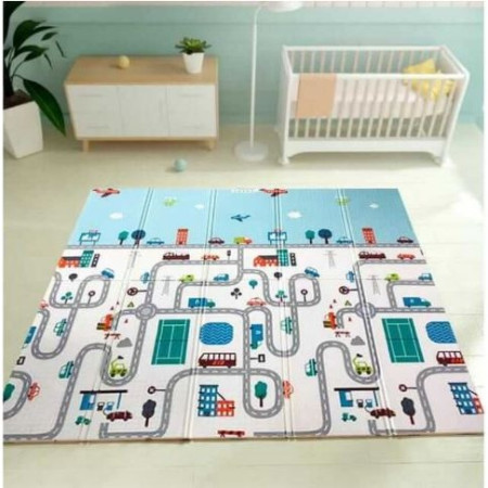 Covoras pentru Copii, Cyrax, cu 2 Fete, Model Trafic/Girafe, din XPE+PE, Impermeabil, Antiderapant, Protectie Termica, +3 Luni, Pliabil, 180 x 200 x 1 cm, Multicolor