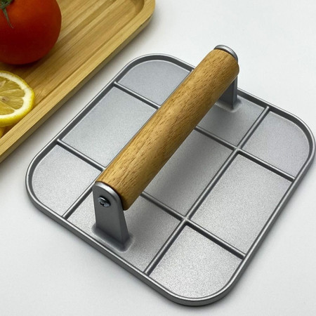 Presa Manuala pentru Carne, Cyrax, din Aliaj de Aluminiu, Maner din Lemn, Presa pentru Burgeri, Usor de Curatat si Folosit, Patrata, 16x16x6 cm, Gri