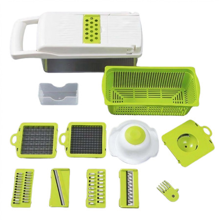 Feliator Multifunctional, Cyrax, Razatoare, 8 in 1, pentru Fructe si Legume, 10 Piese, Lame de Inox, Recipient Stocare, Separator Oua, Protectie Mana, ABS, 67.5x38.5x49.5 cm, Verde/Alb