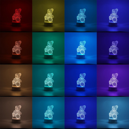 Lampa LED decorativa,  3D, ursulet, din material acril si lumina multicolora, alb