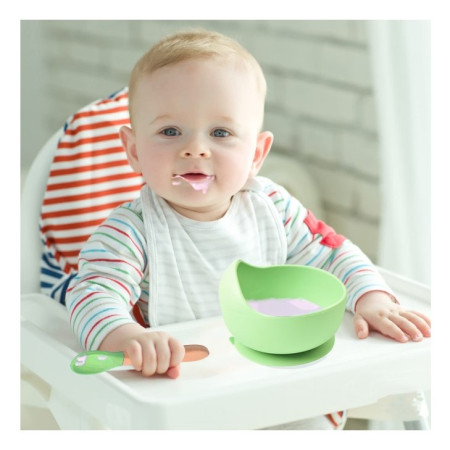 Set 10 piese diversificare bebelusi si copii din silicon Cyrax, baveta, farfurie compartimentata cu ventuza, bol cu ventuza, tacamuri din lemn si silicon, cana pentru gustari, fara alergeni, verde