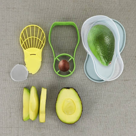 Recipient de Depozitare Avocado 5in1, Cyrax, Etans, pentru Frigider, din Plastic, Dispozitiv de Taiat, Curatat, Feliat, 15x4.5x7 cm, Gri