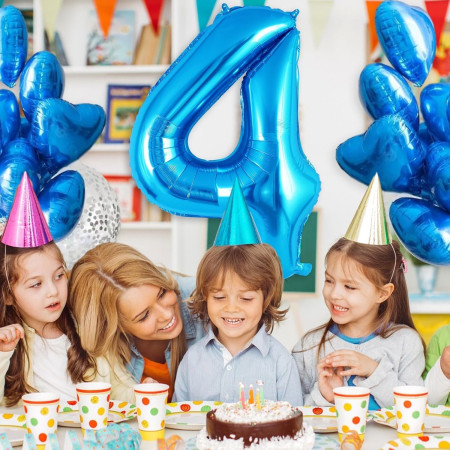 Balon din Folie Metalizata, Cyrax, Figurina Cifra, Tema Aniversare 80 cm, Ambalaj Individual, Pai inclus, Umflare cu Aer sau Heliu, Albastru, Cifra 4