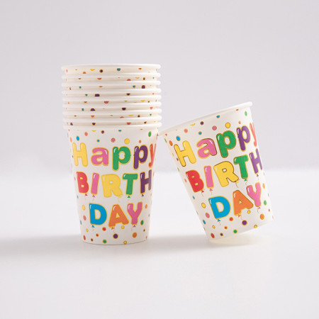 Set 10 Pahare, Cyrax, Imprimeu Happy Birthday, din Carton, 250 ml, 7.5 x 8.5 cm, Multicolor