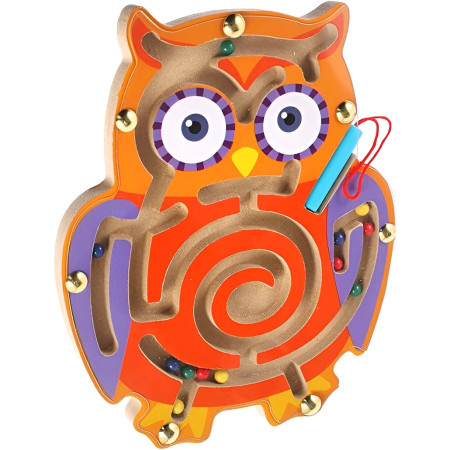 Joc Montessori cu Bile, Cyrax, Creion Magnetic, Tip Labirint, din Lemn, Model Bufnita, 18.5x17.5 cm, Portocaliu-Mov