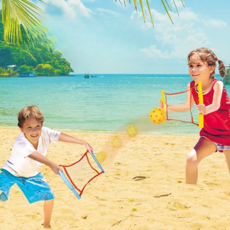 Joc Spikeball, Cyrax, pentru Copii, Joc in 2, pentru Plaja, Parcuri, Interior, 2 Plase, 2 Mingi, Senzorial, Prinderea Mingii, 50x30 cm, Multicolor