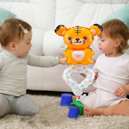 Balon din Folie Metalizata, Cyrax, Figurine Animalute, Tip Bratara, Model Tigru, 17x34 cm, Ambalaj Individual, Pai Inclus, Umflare cu Aer sau Heliu, Maro