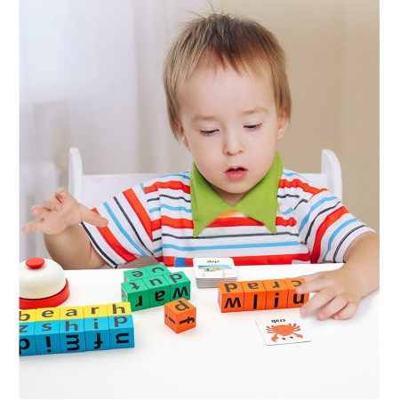 Joc cu Blocuri din Lemn, Cyrax, Formare Cuvinte, Cartonase cu Obiecte si Animale, Clopotel, Joc pentru 4 Persoane, 3 Ani+, 28x15.5x5 cm, Multicolor