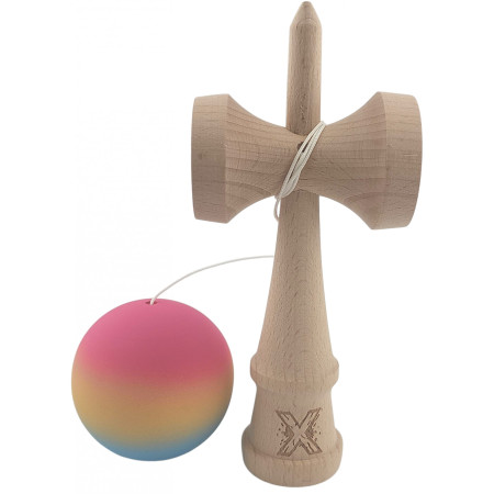 Kendama X Originala, Profesionala, Cyrax, din Lemn, Rubber Grip, 18 cm, Roz/Galben/Albastru
