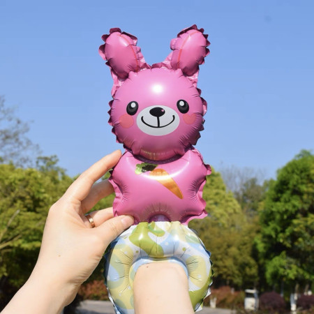 Balon din Folie Metalizata, Cyrax, Figurine Animalute, Tip Bratara, Model Iepuras, Ambalaj Individual, Pai Inclus, Umflare cu Aer sau Heliu, Roz