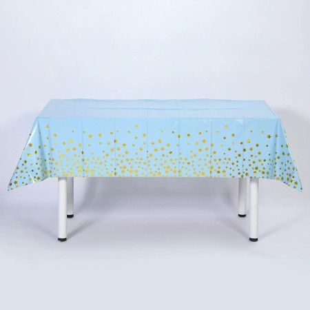 Fata de Masa, Cyrax, din Folie, Imprimeu Stele Aurii, Impermeabila, 137 x 274 cm, Albastru