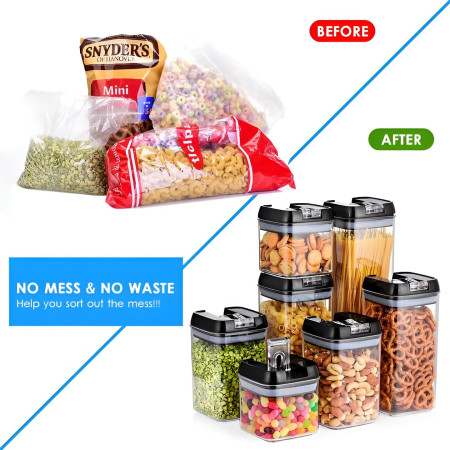 Set Cutii de Depozitare a Alimentelor, Cyrax, 7 Recipiente, 10 Etichete Reutilizabile, 4 Linguri, pentru Bucatarie, Spatula, Etansare, Fara BPA, Transparente, Capac Negru
