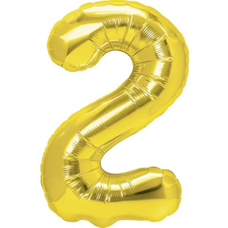 Balon din Folie Metalizata Cyrax, Figurina Cifra, Tema Aniversare 100 cm, Ambalaj Individual, Pai inclus, Umflare cu Aer sau Heliu, Auriu, Cifra 2