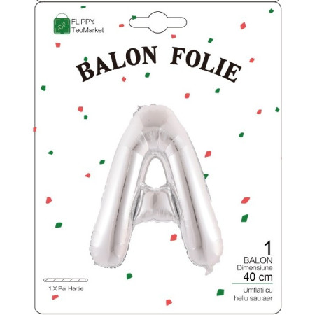 Balon Folie Metalizata Litera A, Cyrax, 40 cm, Umflati cu Heliu sau Aer, Ambalaj Individual, Pai inclus, Argintiu
