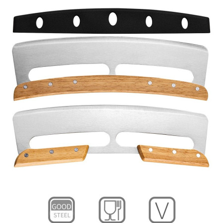 Taietor Feliator de Pizza, Cyrax, din Otel Inoxidabil, cu Capac, Maner din Lemn, Antialunecare, Lama Neteda si Ascutita, 34x10 cm, Maro