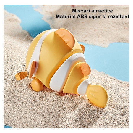 Jucarie mecanica pentru copii Cyrax, pestisor haios, cu cheita, distractiv, se taraste, se misca, 11 x 9 x 7.5 cm cm, galben