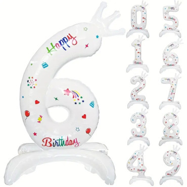 Balon din Folie Metalizata, Cyrax, Figurina Cifra, Model 6 cu Happy Birthday Scris, Tema Aniversare 81 cm, Ambalaj Individual, Pai Inclus, Umflare cu Aer sau Heliu, Alb