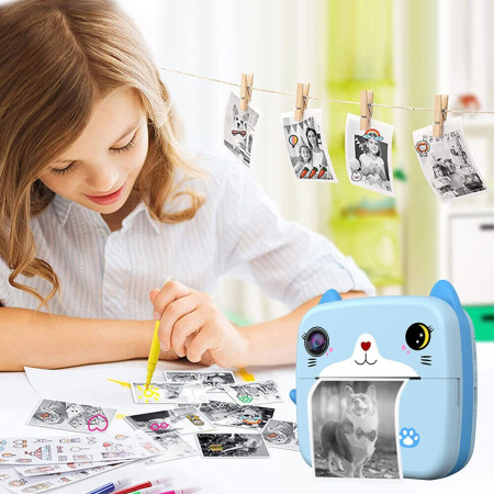 Set Camera Instantanee pentru Copii, Cyrax, Ecran HD 2.4'', 24MP, 720P Video, 1200 mAh, cu Functie de Printare Alb-Negru, cablu USB-C, Bluetooth, Compatibil iOS/Android, Imprimare APP, Model Kitty, Albastru