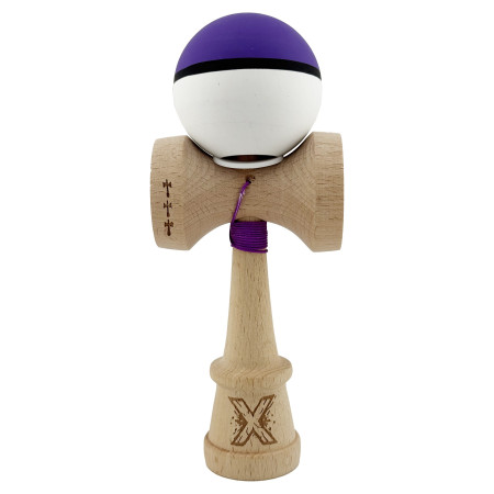 Kendama X Originala, Profesionala, Cyrax, Cupe Mari KING SIZE V3, Rubber Grip, Gaura in Baza, Rulment Metalic, din lemn 18 cm, Ata 62/65 cm, S Bicolor Violet/Alb