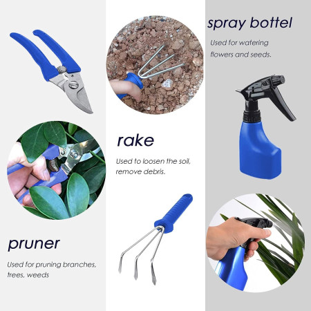 Set 10 Unelte de Gradina,  pentru Plantare Prelucrare Sol si Ingrijire Plante, Manere Albastre, Material PVC si Otel Inoxidabil, Cutie Inclusa, 37x28x7 cm, Negru