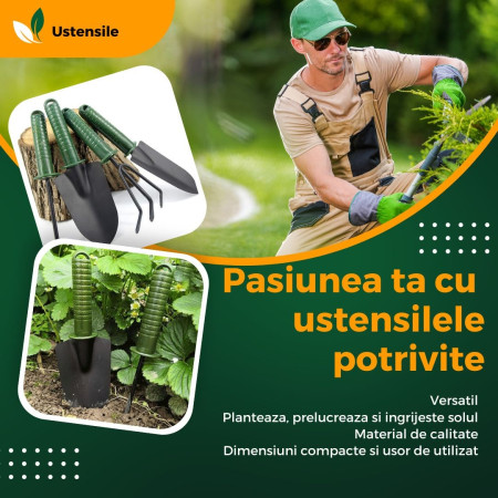 Set 4 Unelte de Gradina  pentru Plantare Prelucrare Sol si Ingrijire Plante, Material PVC si cardboard, 25 x 8.5 cm, verde