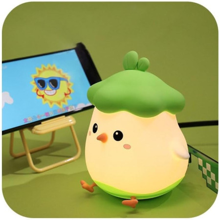 Lampa de Veghe pentru Copii,  din Silicon, Senzor Tactil, Model Pui, Lumina Calda, Protectie pentru Ochi, Incarcare USB, Capacitate Baterie Incorporata 800mAh, 11 x 10 x 12.4 cm, Verde