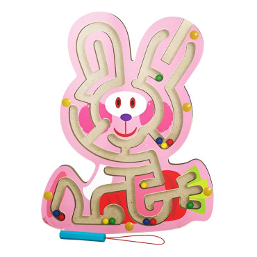 Joc Montessori cu Bile, Cyrax, Creion Magnetic, Tip Labirint, din Lemn, Model Iepuras, 19.5x15.5 cm, Roz
