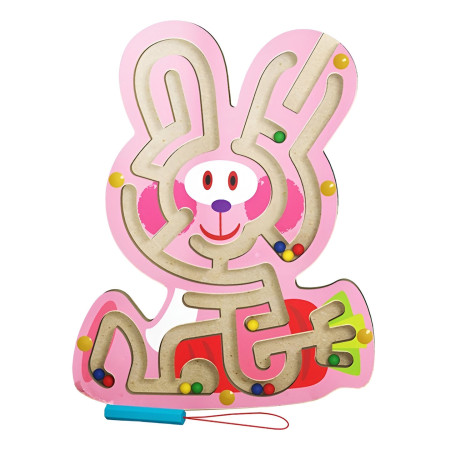 Joc Montessori cu Bile, Cyrax, Creion Magnetic, Tip Labirint, din Lemn, Model Iepuras, 19.5x15.5 cm, Roz