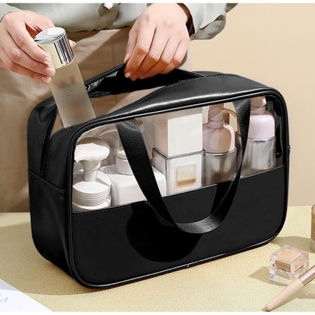 Geanta cosmetice Cyrax, pentru voiaj sau organizare, material PVC/textil, impermeabila, portabila, 30X21X12 cm, negru