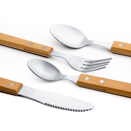Set 4 tacamuri pentru masa Cyrax, otel 304, lingura, lingurita desert, cutit, furculita, maner din lemn de fag, 20 x 4 x 2 cm, gri