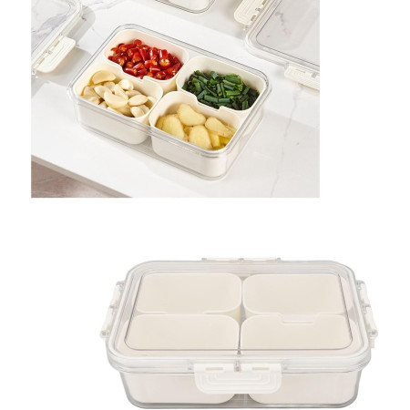 Cutie Alimentara Multifunctionala, Cyrax, pentru Condimente, Gustari,  Inchidere Etans, cu Capac si Maner, 4 Compartimente, 25 x 8 x 18 cm, Alb