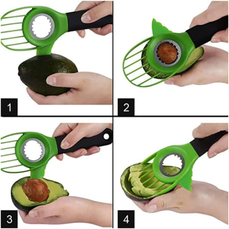 Cutit 3in1 pentru Avocado, Cyrax, Cutit, Scoatere Miez si Feliator Pulpa, din PP si Otel Inoxidabil, Negru/Verde