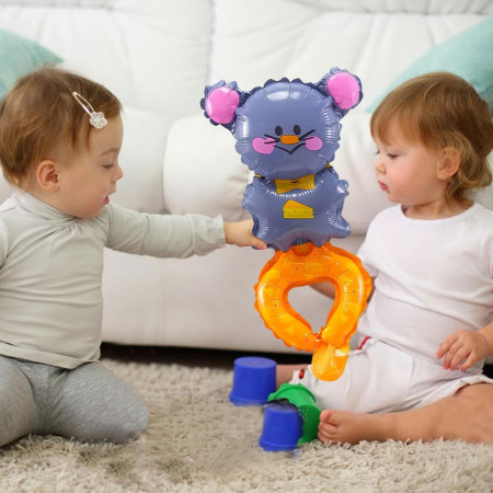 Balon din Folie Metalizata, Cyrax, Figurine Animalute, Tip Bratara, Model Soricel, Ambalaj Individual, Pai Inclus, Umflare cu Aer sau Heliu, Gri