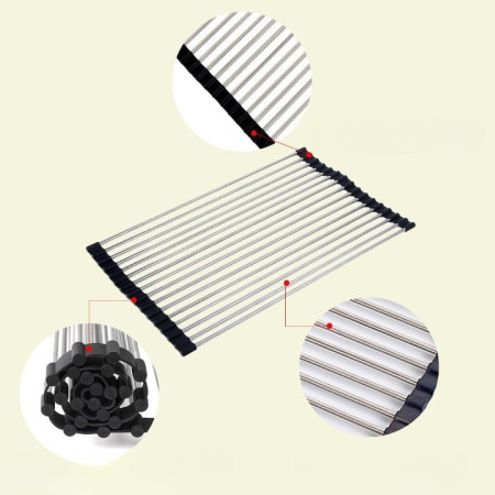 Cyrax Covoras de Scurgere pentru Chiuveta Bucatarie, din Otel Inoxidabil, Suport Chiuveta, Pliabil, Antiderapant, Usor de Curatat si de Depozitat, 37x30 cm, 15 Tuburi, Negru